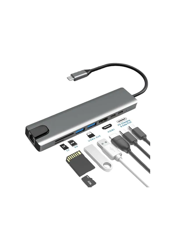 Macbook Pro Air Uyumlu USB Type-C 8 Hub Dönüştürücü Çevirici Çoklayıcı USB Hdmı Micro Sd 8 Girişli Macbook Pro Air Uyumlu USB Type-C 8 Hub Dönüştürücü Çevirici Çoklayıcı USB Hdmı Micro Sd 8 Girişli