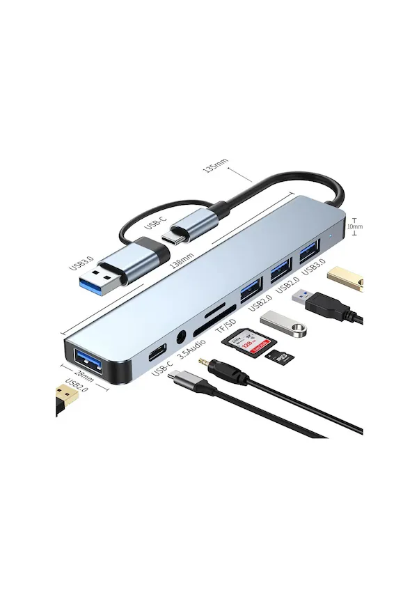 8 İn 1 Usb Type-c Usb 2.0/3.0 Audio 3.5 Tf Sd Çevirici Adaptör 8 İn 1 Usb Type-c Usb 2.0/3.0 Audio 3.5 Tf Sd Çevirici Adaptör