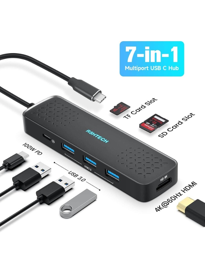 RSHTECH Macbook Ipad Uyumlu Alüminyum 7 In 1 Type C 3.1 Hub 4K@60Hz Hdmı USB 3.0pd 100W Sd/tf
