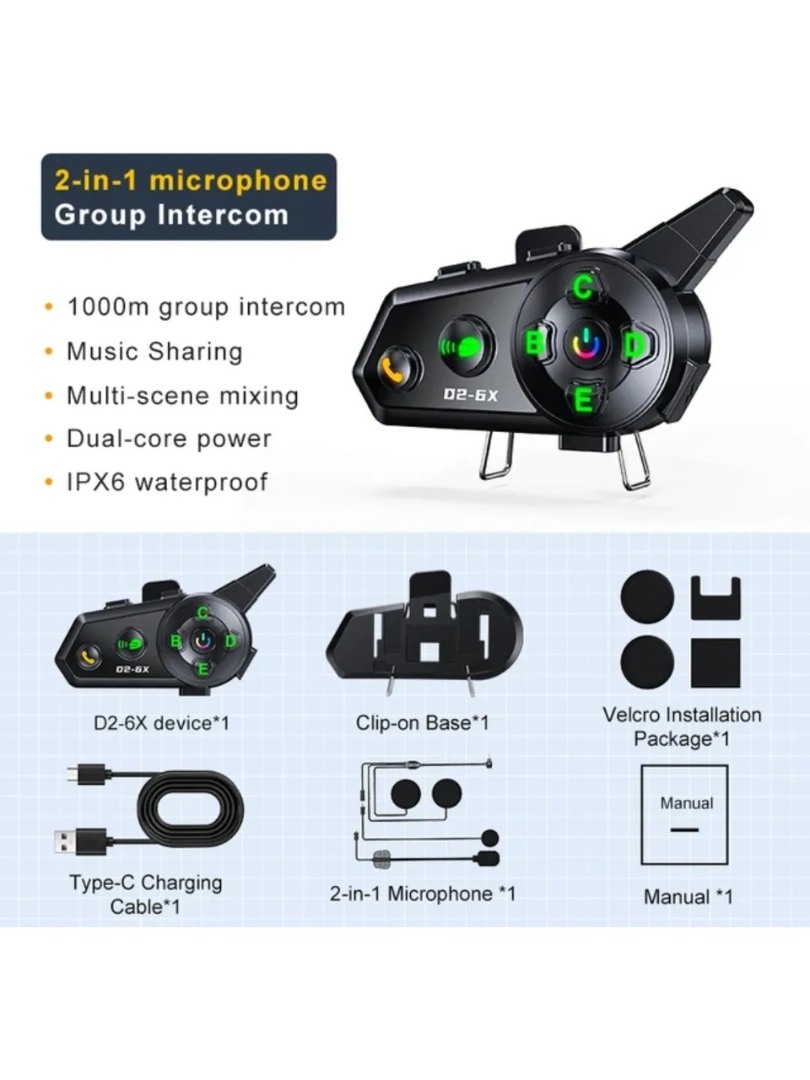 6 Kişilik Motosiklet Kask Bluetooth intercom Seti Su Geçirmez 1000m mesafeli Müzik Paylaşımlı