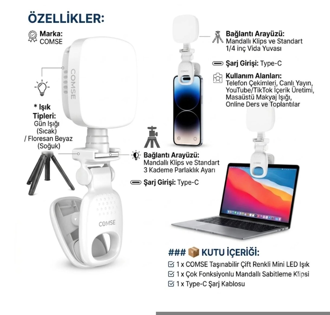 Selfie Işığı Şarjlı Çok Fonksiyonlu Mini Led Işık 3 Modlu Renk Ayarlı Telefon Tripod Uyumlu