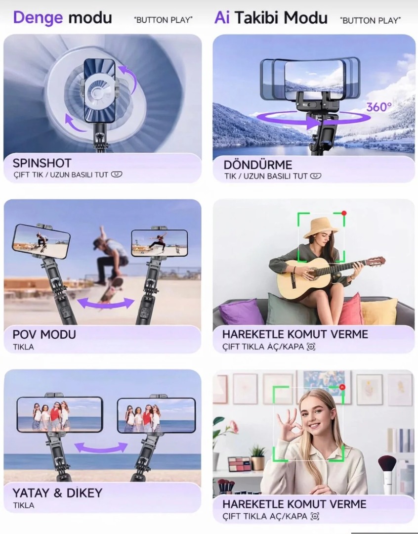 C22 Akıllı Yüz Takip Özellikli Kameralı Kumandalı Canlı Yayın Selfi Çubuğu Gimbal Tripod