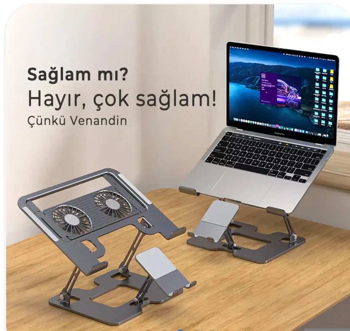 Ayarlanabilir Laptop Standı  Çift Fanlı Sogutucu Premium  Katlanabilir Laptop ve Telefon Tutucu