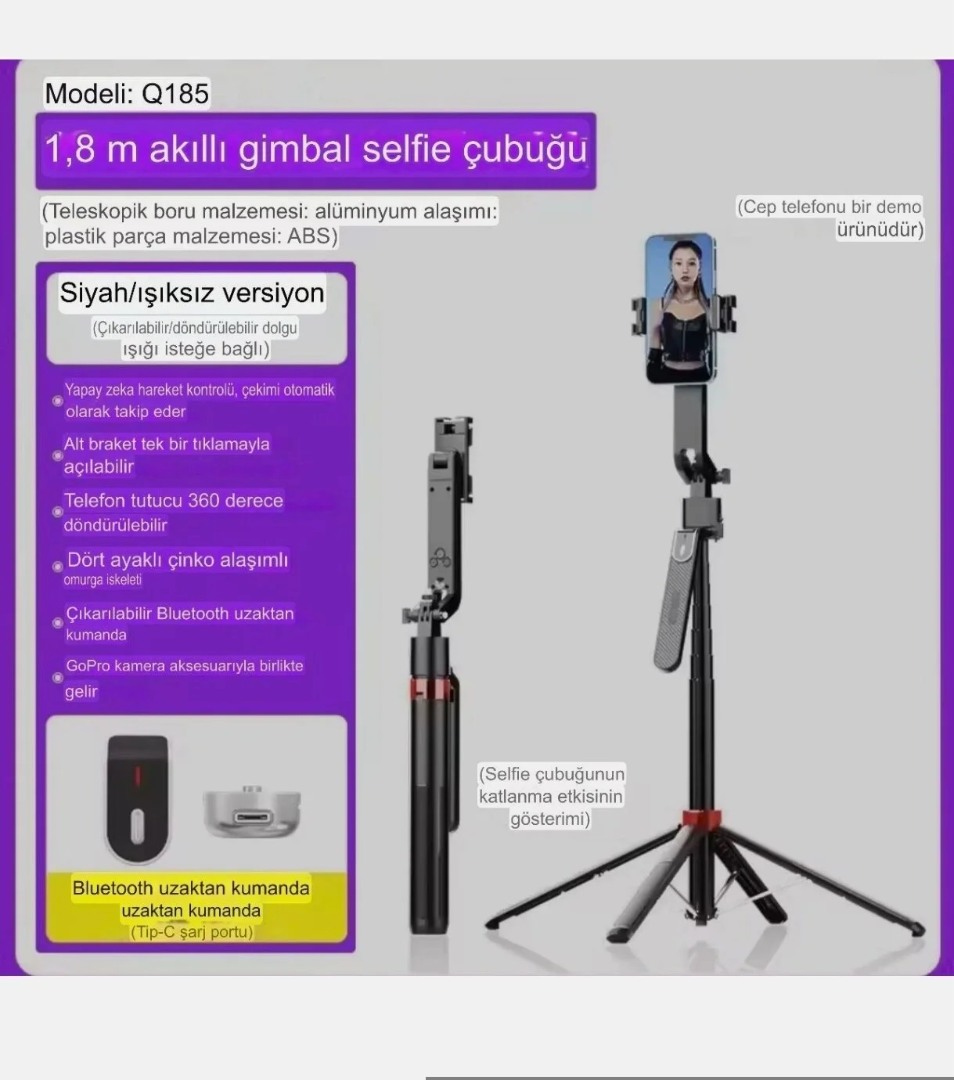 Q185 Akıllı Yüz Takip Özellikli Kameralı Kumandalı Canlı Yayın Selfi Çubuğu Gimbal Tripod Q185 Akıllı Yüz Takip Özellikli Kameralı Kumandalı Canlı Yayın Selfi Çubuğu Gimbal Tripod