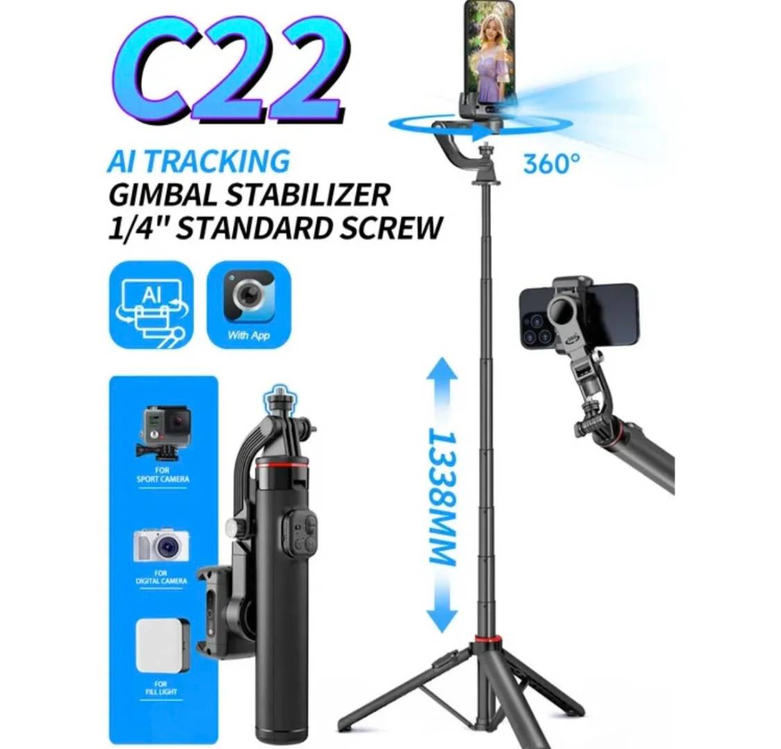 C22 Akıllı Yüz Takip Özellikli Kameralı Kumandalı Canlı Yayın Selfi Çubuğu Gimbal Tripod