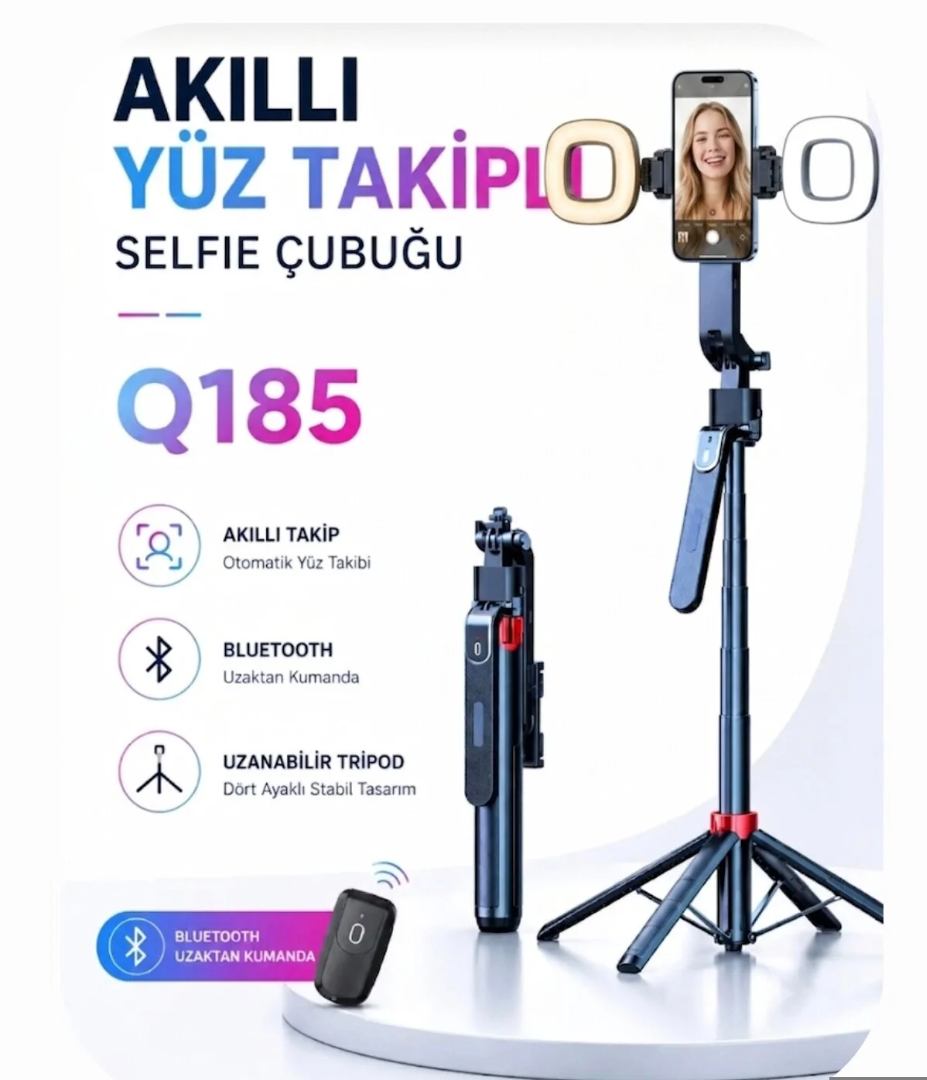 Q185 Led Işıklı Akıllı Yüz Takip Özellikli Kameralı Kumandalı Canlı Yayın Selfi Çubuğu Gimbal Tripod 1.8m